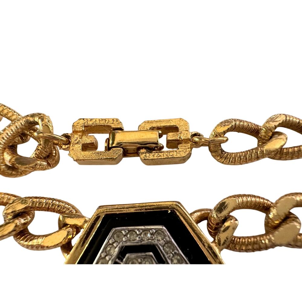 Givenchy Necklace with "G" in Hexagonal Pendant of Black Enamel and Rhinestones - Picture 13 of 15